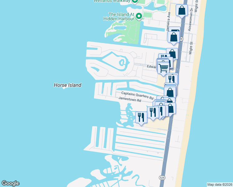 map of restaurants, bars, coffee shops, grocery stores, and more near 175a Jamestown Road in Ocean City