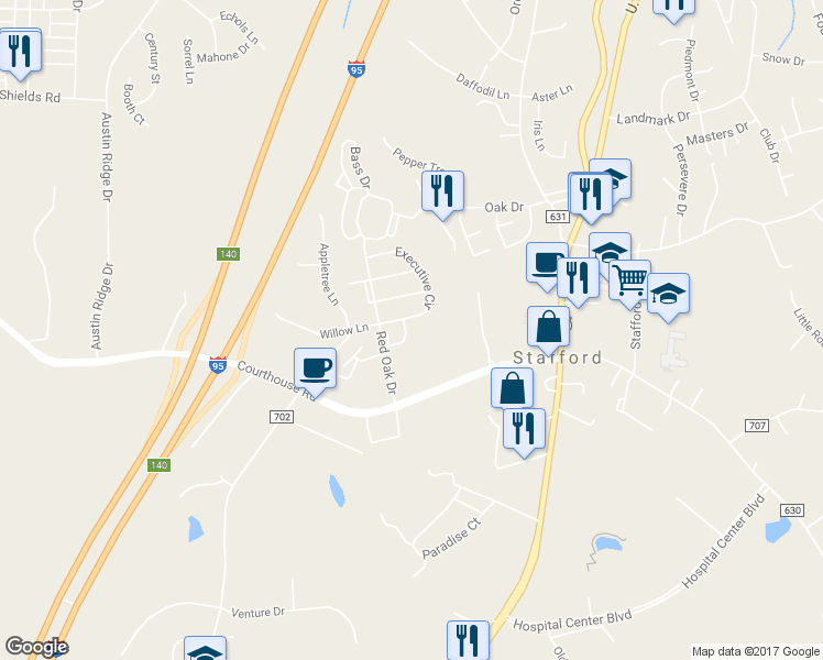 map of restaurants, bars, coffee shops, grocery stores, and more near 205 Taft Drive in Stafford