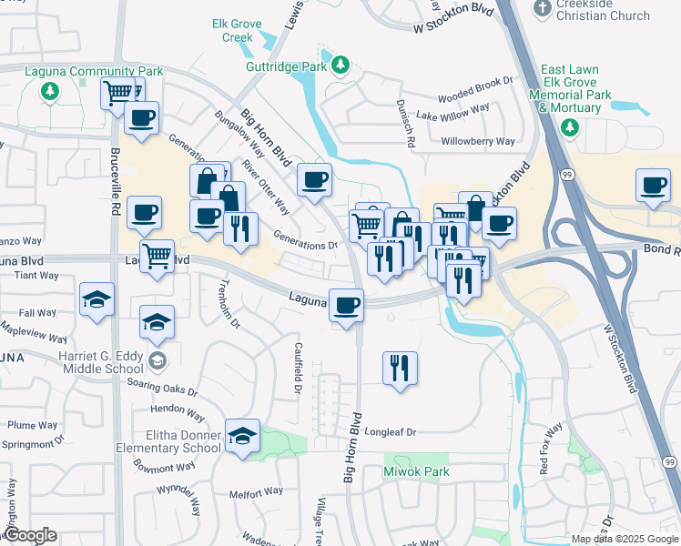 map of restaurants, bars, coffee shops, grocery stores, and more near in Elk Grove