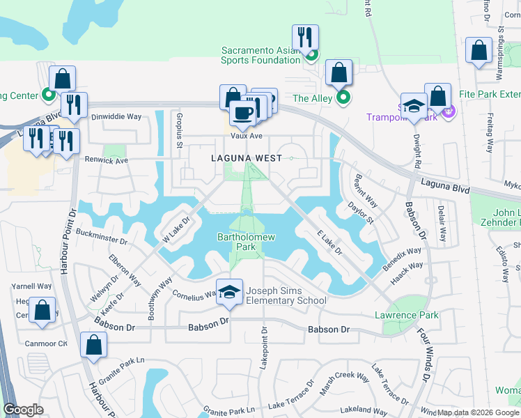 map of restaurants, bars, coffee shops, grocery stores, and more near 2930 West Laguna Court in Elk Grove