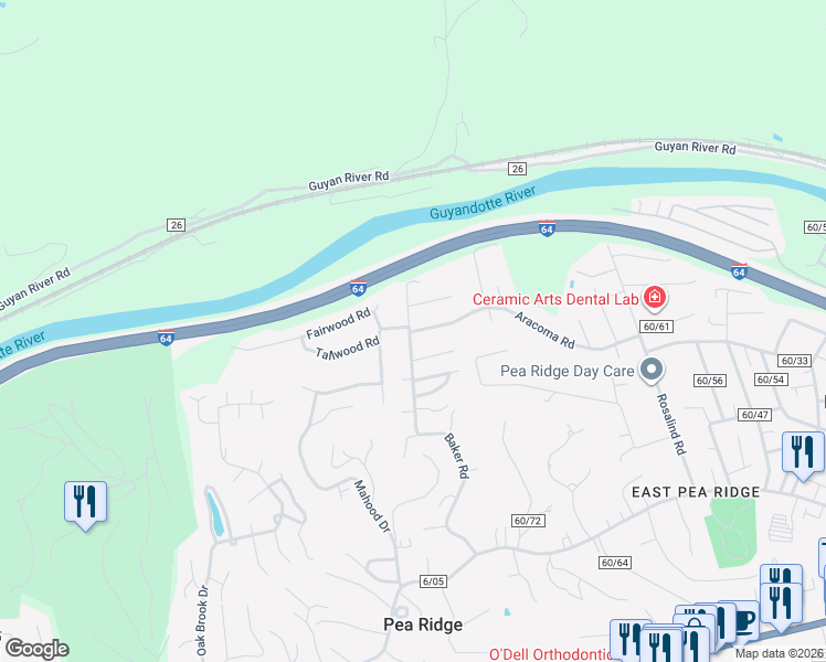map of restaurants, bars, coffee shops, grocery stores, and more near 11093 Aracoma Road in Huntington