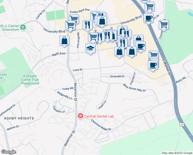map of restaurants, bars, coffee shops, grocery stores, and more near 353 Blue Stone Hills Drive in Harrisonburg