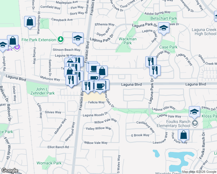 map of restaurants, bars, coffee shops, grocery stores, and more near 5201 Laguna Oaks Drive in Elk Grove