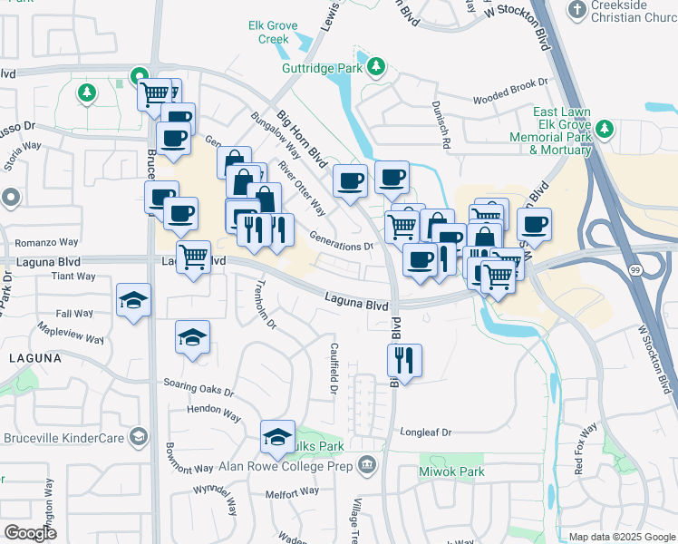 map of restaurants, bars, coffee shops, grocery stores, and more near 9210 Big Horn Boulevard in Elk Grove