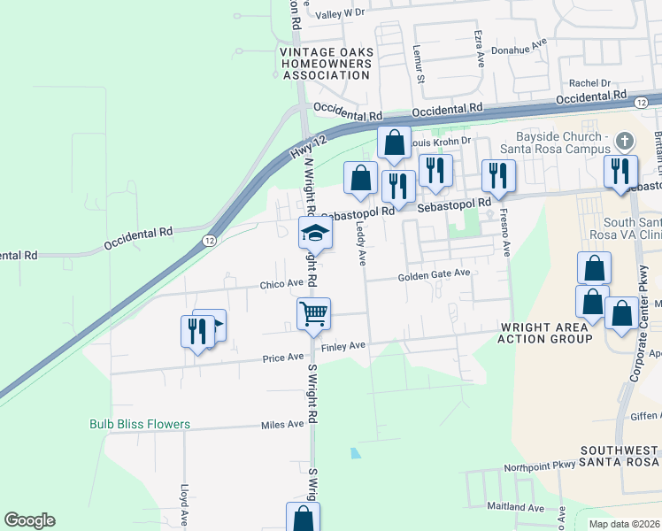 map of restaurants, bars, coffee shops, grocery stores, and more near S505 South Wright Road in Santa Rosa