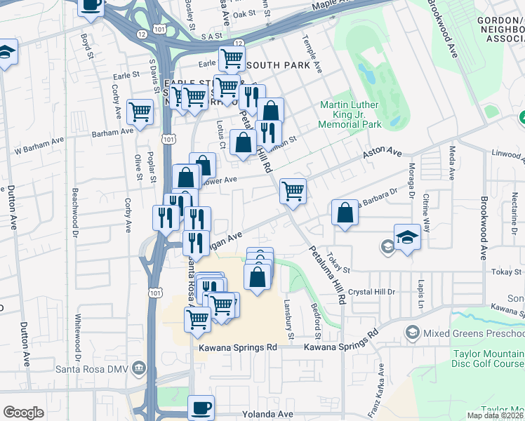 map of restaurants, bars, coffee shops, grocery stores, and more near 547 Colgan Avenue in Santa Rosa