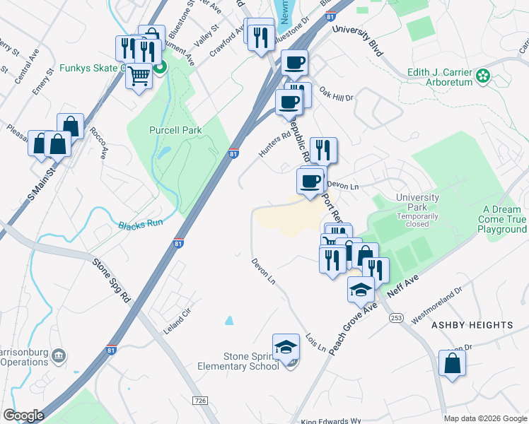 map of restaurants, bars, coffee shops, grocery stores, and more near 1380 Devon Lane in Harrisonburg