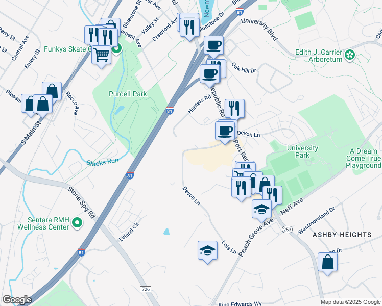 map of restaurants, bars, coffee shops, grocery stores, and more near 1380 Devon Lane in Harrisonburg