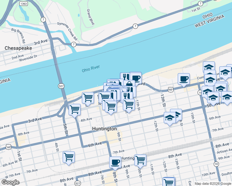 map of restaurants, bars, coffee shops, grocery stores, and more near 22 pullman square in Huntington