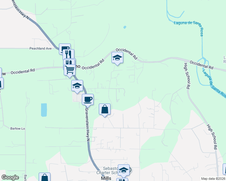 map of restaurants, bars, coffee shops, grocery stores, and more near 7695 Atkinson Road in Sebastopol