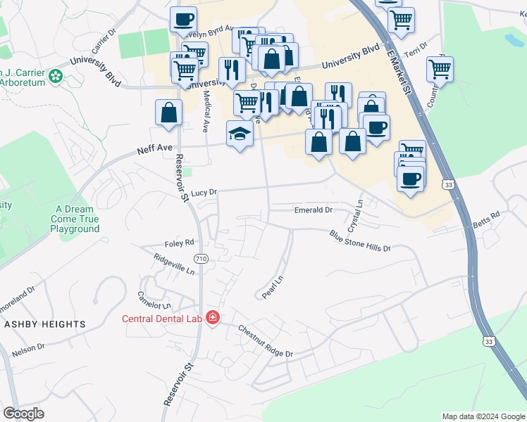 map of restaurants, bars, coffee shops, grocery stores, and more near 2183 Deyerle Avenue in Harrisonburg
