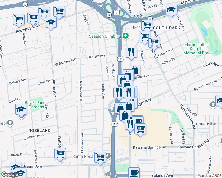map of restaurants, bars, coffee shops, grocery stores, and more near 1706 Corby Avenue in Santa Rosa