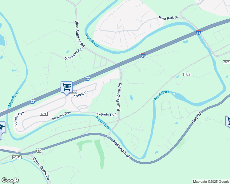 map of restaurants, bars, coffee shops, grocery stores, and more near 3541 Blue Sulphur Road in Ona