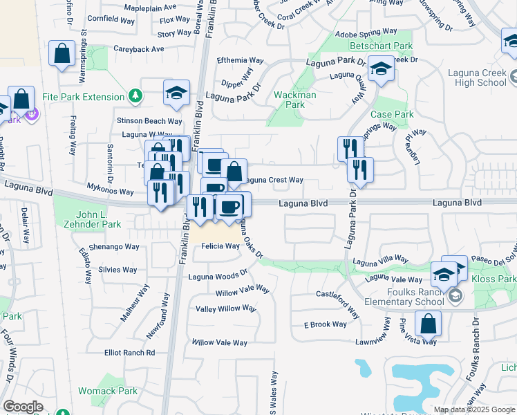 map of restaurants, bars, coffee shops, grocery stores, and more near 5201 Laguna Oaks Drive in Elk Grove
