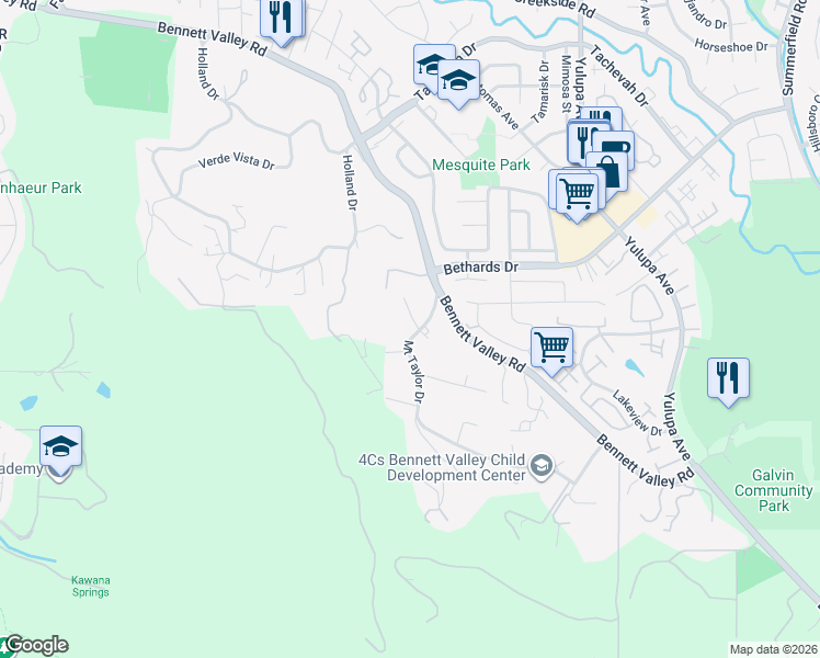 map of restaurants, bars, coffee shops, grocery stores, and more near 4230 Mount Taylor Drive in Santa Rosa