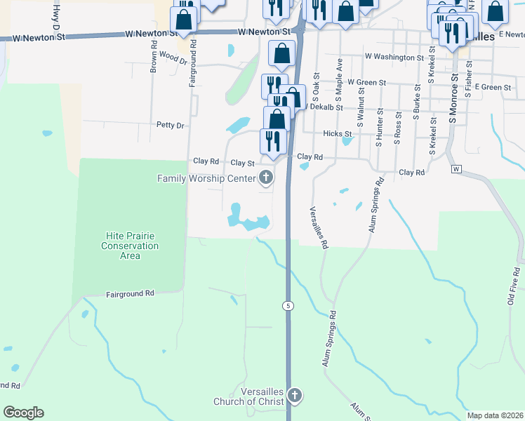map of restaurants, bars, coffee shops, grocery stores, and more near 801 South 2nd Street in Versailles