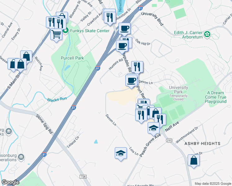 map of restaurants, bars, coffee shops, grocery stores, and more near 1380 Devon Lane in Harrisonburg