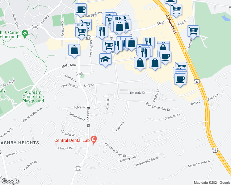 map of restaurants, bars, coffee shops, grocery stores, and more near 2181 Deyerle Avenue in Harrisonburg