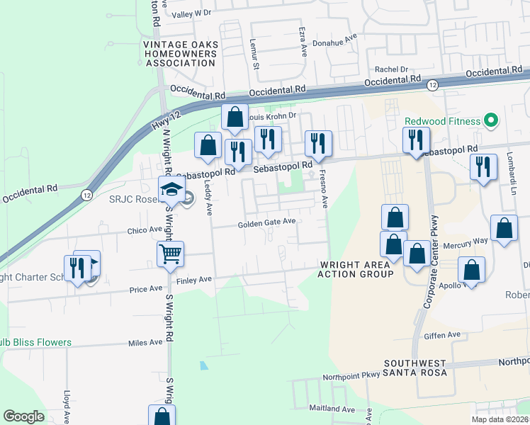 map of restaurants, bars, coffee shops, grocery stores, and more near 3870 Golden Gate Avenue in Santa Rosa