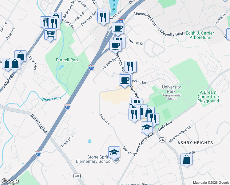 map of restaurants, bars, coffee shops, grocery stores, and more near 1360 Devon Lane in Harrisonburg