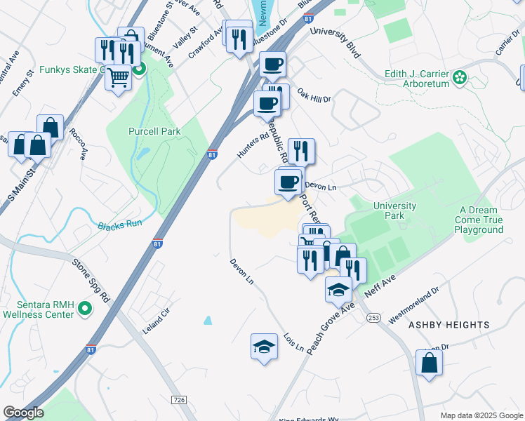 map of restaurants, bars, coffee shops, grocery stores, and more near 1360 Devon Lane in Harrisonburg