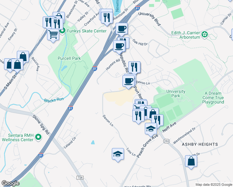 map of restaurants, bars, coffee shops, grocery stores, and more near 1360 Devon Lane in Harrisonburg