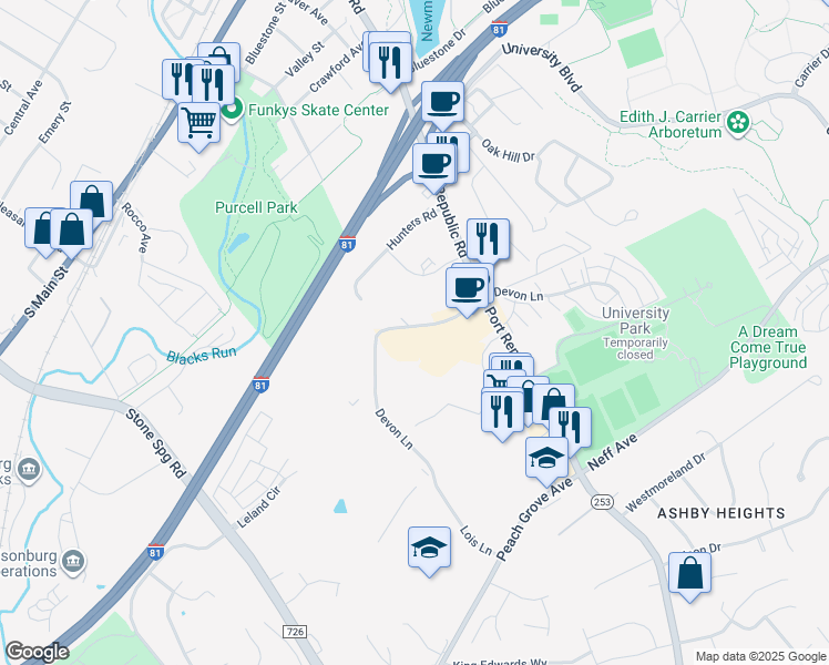 map of restaurants, bars, coffee shops, grocery stores, and more near 1380 Devon Lane in Harrisonburg