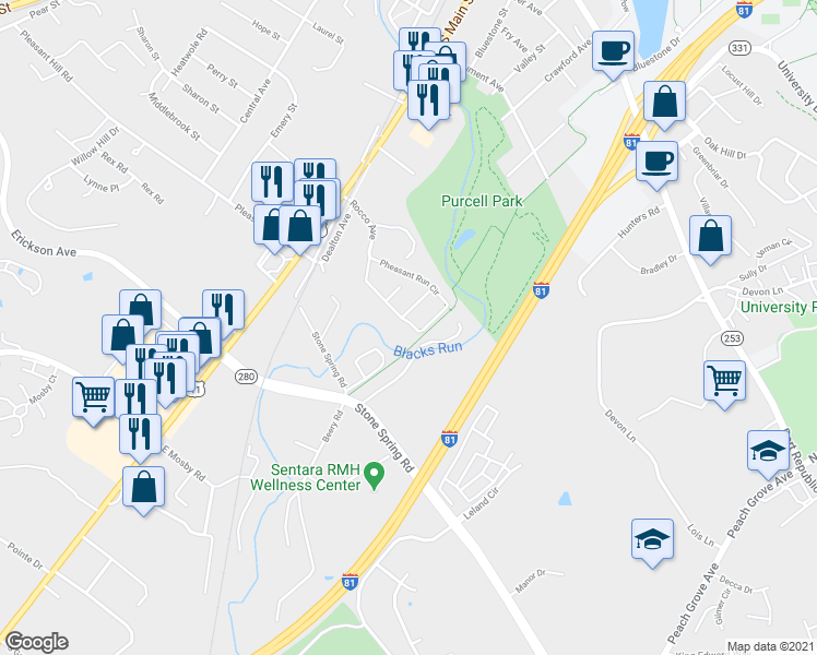 map of restaurants, bars, coffee shops, grocery stores, and more near 480 Pheasant Run Circle in Harrisonburg