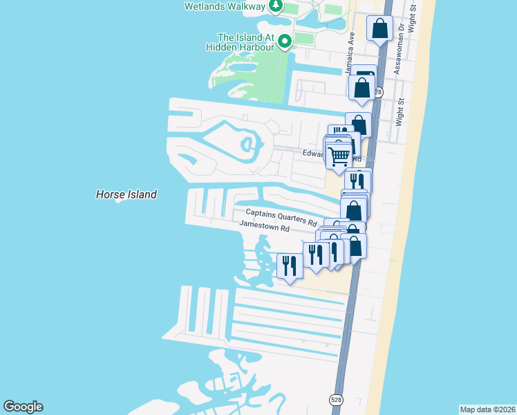 map of restaurants, bars, coffee shops, grocery stores, and more near 160 Jamestown Road in Ocean City