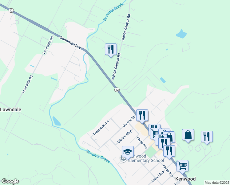 map of restaurants, bars, coffee shops, grocery stores, and more near 8450 Sonoma Highway in Kenwood