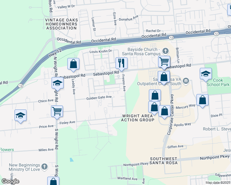 map of restaurants, bars, coffee shops, grocery stores, and more near 3952 Match Point Avenue in Santa Rosa