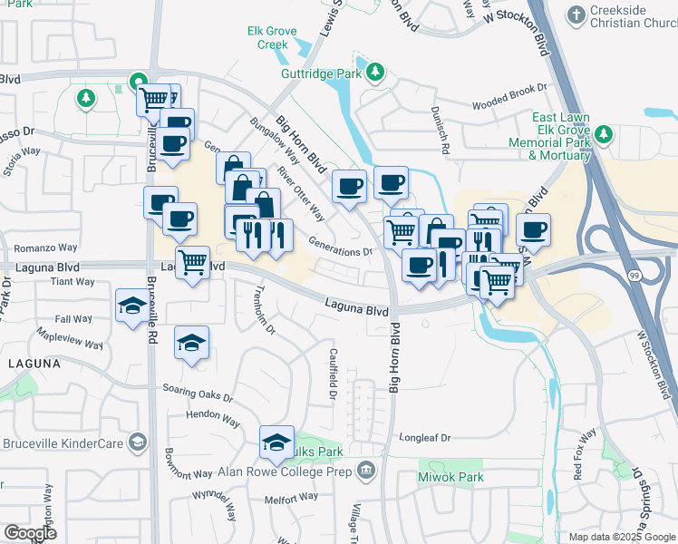 map of restaurants, bars, coffee shops, grocery stores, and more near 9210 Big Horn Boulevard in Elk Grove