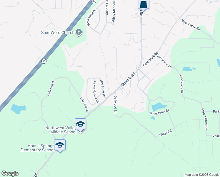 map of restaurants, bars, coffee shops, grocery stores, and more near 4209 Northwest Point Drive in House Springs