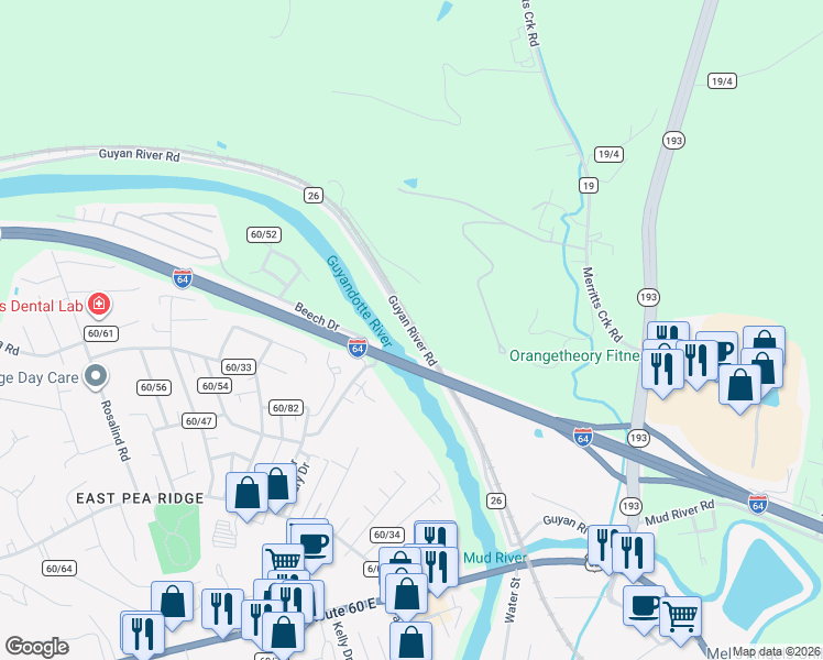 map of restaurants, bars, coffee shops, grocery stores, and more near County Road 26 in Barboursville