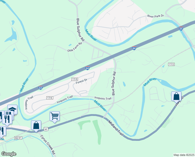 map of restaurants, bars, coffee shops, grocery stores, and more near 3685 Martin Dr in Ona