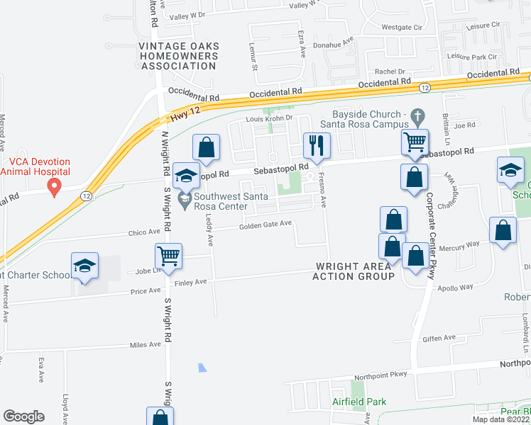 map of restaurants, bars, coffee shops, grocery stores, and more near 3870 Golden Gate Avenue in Santa Rosa