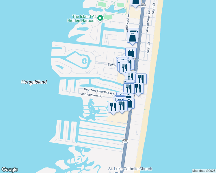 map of restaurants, bars, coffee shops, grocery stores, and more near 131 Captains Quarters Road in Ocean City