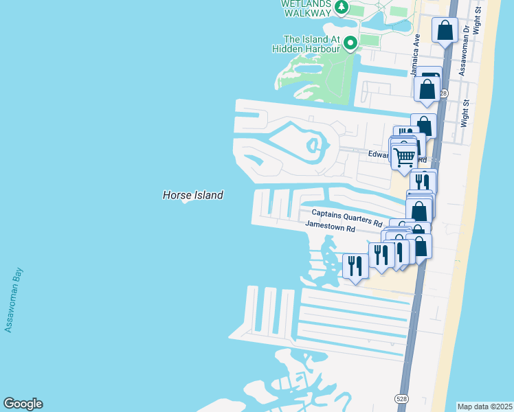 map of restaurants, bars, coffee shops, grocery stores, and more near 195 Jamestown Road in Ocean City