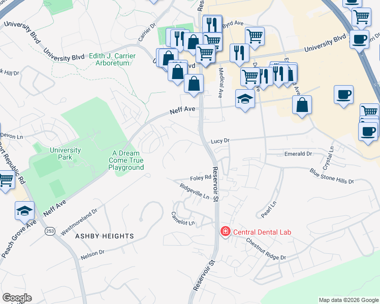 map of restaurants, bars, coffee shops, grocery stores, and more near 660 White Oak Circle in Harrisonburg