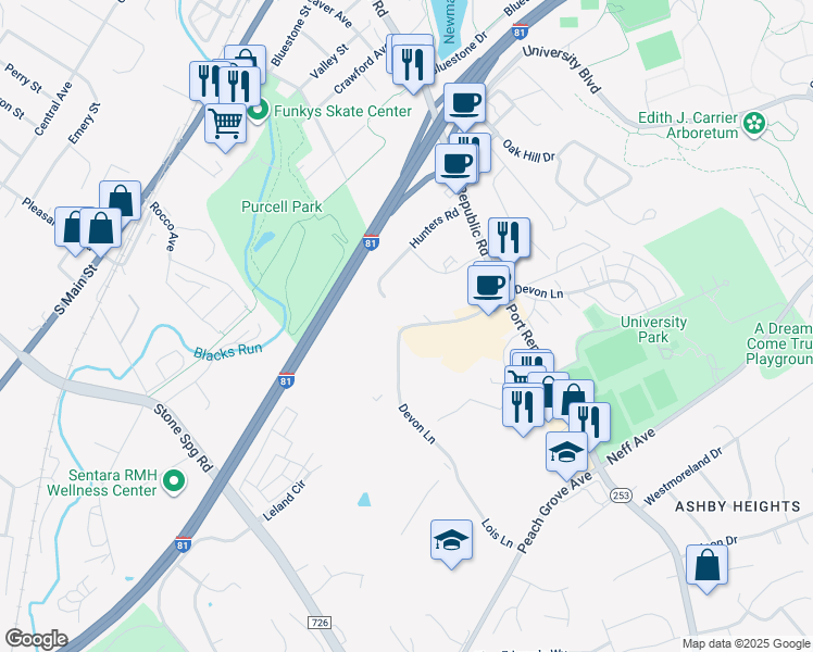 map of restaurants, bars, coffee shops, grocery stores, and more near 1380 Devon Lane in Harrisonburg