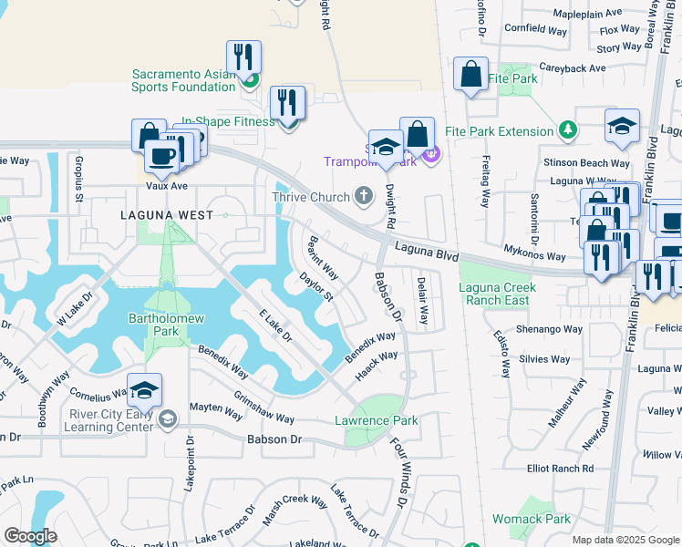 map of restaurants, bars, coffee shops, grocery stores, and more near 9179 Bearint Way in Elk Grove