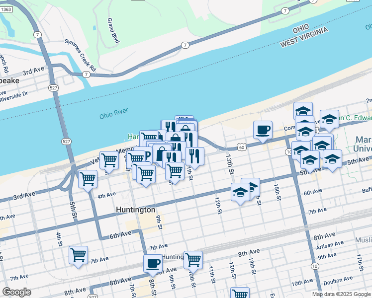 map of restaurants, bars, coffee shops, grocery stores, and more near 210 11th Street in Huntington