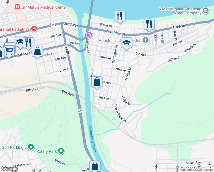 map of restaurants, bars, coffee shops, grocery stores, and more near 607 Buffington Street in Huntington