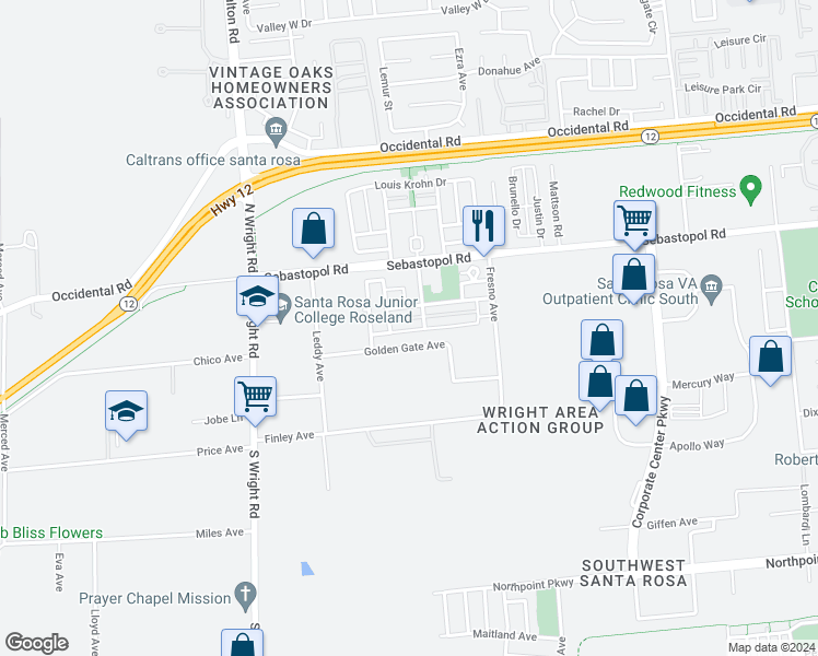 map of restaurants, bars, coffee shops, grocery stores, and more near 4017 Match Point Avenue in Santa Rosa