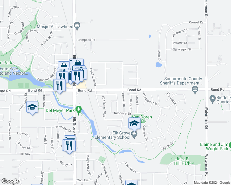 map of restaurants, bars, coffee shops, grocery stores, and more near 9021 Virginia Fife Way in Elk Grove