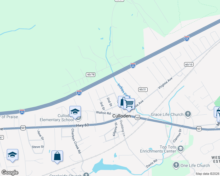 map of restaurants, bars, coffee shops, grocery stores, and more near 2270 1st Street in Culloden