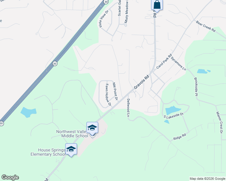 map of restaurants, bars, coffee shops, grocery stores, and more near 4127 Glendale Road in House Springs