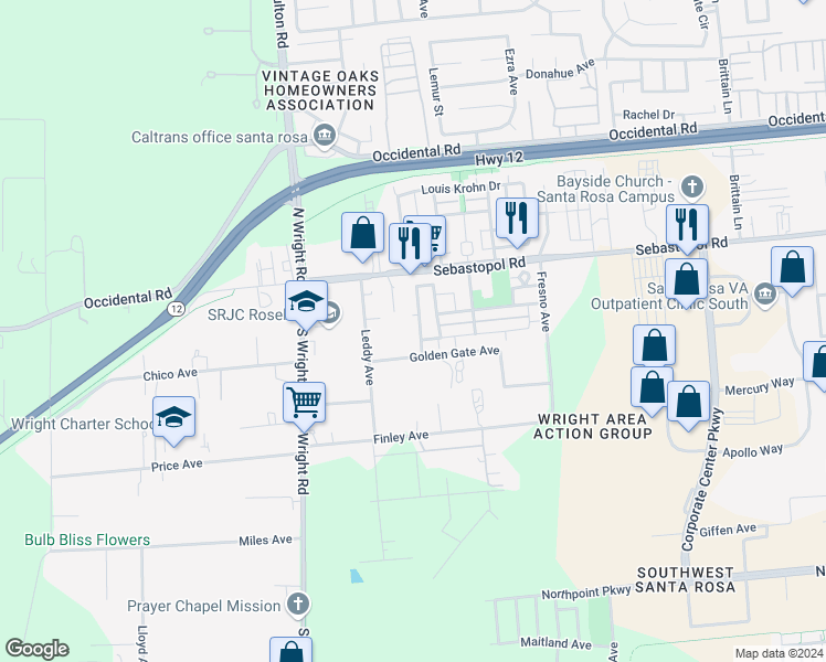 map of restaurants, bars, coffee shops, grocery stores, and more near 4037 Arthur Ashe Circle in Santa Rosa
