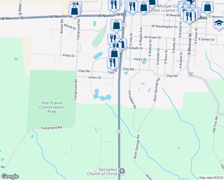 map of restaurants, bars, coffee shops, grocery stores, and more near 605 South 2nd Street in Versailles