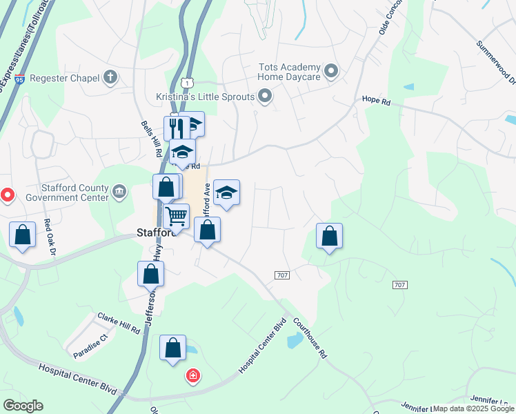 map of restaurants, bars, coffee shops, grocery stores, and more near 218 Courthouse Manor Drive in Stafford